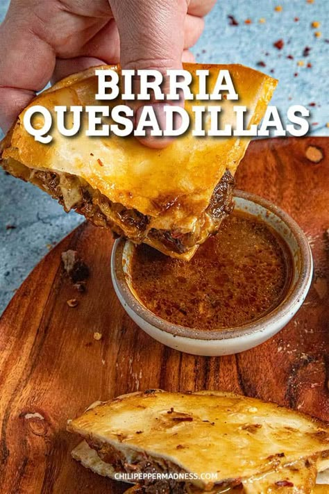 Birria Quesadillas, Birria Sauce, Mexican Birria, Spicy Guacamole, Mexican Breakfast Recipes, Mexican Recipe, Spicy Chicken Recipes, Quesadilla Recipes, Melty Cheese