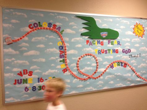 VBS Colossal Coaster World bulletin board Roller Coaster Bulletin Board, Bulletin Board Ideas For Preschool, Board Ideas For Preschool, World Bulletin Board, Roller Coaster Theme, 2023 Classroom, Classroom Theme Ideas, Hand Rail, Church Bulletin