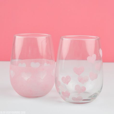 DIY Frosted Heart Tumblers | Vicky Barone Valentines Day Wine Glasses Diy, Heart Tumblers, Wine Glasses Diy, Frosted Glass Paint, Valentines Day Wine, Diy Wine Glasses, Gloss Paint, Wrapping Ideas, Rubbing Alcohol