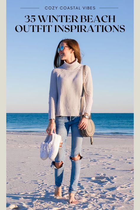 Who says beach days are just for summer? Our collection of 35 winter beach outfit ideas proves you can hit the sands even when it's cold. Discover how to stay warm and look hot with tips on the best materials, layers, and accessories for your seaside escape.   #WinterBeachOutfits #ColdWeatherBeachwear #BeachStyleWinter #WinterBeachGuide #ChillyBeachLooks #WinterBeachFashion #BeachOutfitInspiration #CozyBeachwear #WinterShorelineStyle #BeachDaysInWinter Outfit For Cold Summer Day, Jean Jacket Beach Outfit, By The Beach Outfits, Coastal Weekend Outfit, California Beach Style Outfit, Beach Outfit In Winter, Coastal California Outfits, Winter Outfits For Florida, Casual Beachy Outfits