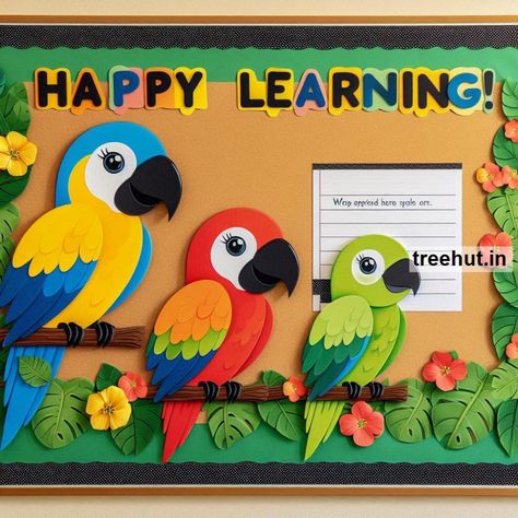 Parrot Bulletin Board Ideas, Tropical Bulletin Board Parrot Bulletin Board Ideas, Aloha Bulletin Board Ideas, Tropical Bulletin Board Ideas, Paper Parrot Craft, Animal Bulletin Board Ideas, Tropical Bulletin Board, Board Decoration Ideas School, Bulletin Board Ideas For School, Jungle Theme Classroom Decorations