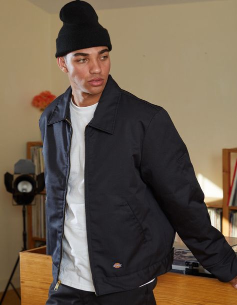 Black Dickies Outfit, Carhartt Outfit Men, Dickies Outfits Men, Harrington Jacket Men, Dickies Outfit, Aesthetic Guy Outfits, Black Jacket Outfit, Eisenhower Jacket, Mens Black Jacket