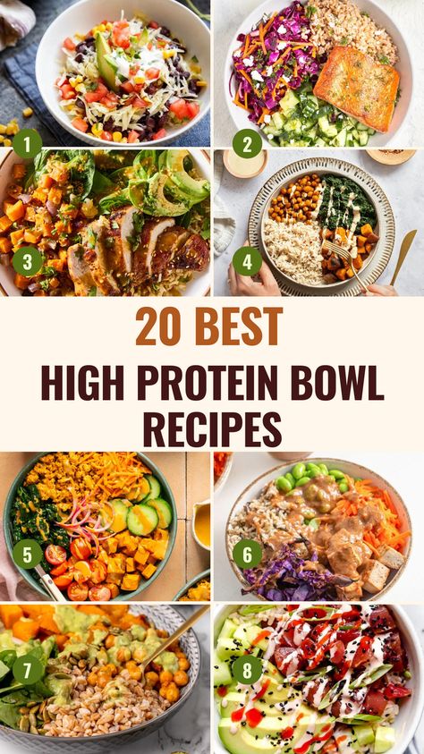 Warm up this season with these 20 Best High Protein Bowl Recipes! Perfect for fall, winter, and Christmas gatherings, these delicious bowls are packed with protein to keep you satisfied. From hearty chicken and quinoa bowls to salmon and veggie combos, you'll find a variety of options that fit every diet. These easy-to-make meals are a must-try for cozy dinners or meal prep for busy weeks. With ingredients like sweet potatoes, greens, and grains, each bowl is both nutritious and filling! Bowl Prep Meals, Whole 30 Greek Bowl, Easy Dairy Free Gluten Free Meals, Grilled Chicken Protein Bowl, All Protein Diet Meals, High Protein Weeknight Dinners, Healthy Easy Bowl Recipes, High Protein Veggie Bowls, High Protein High Veggie Meals