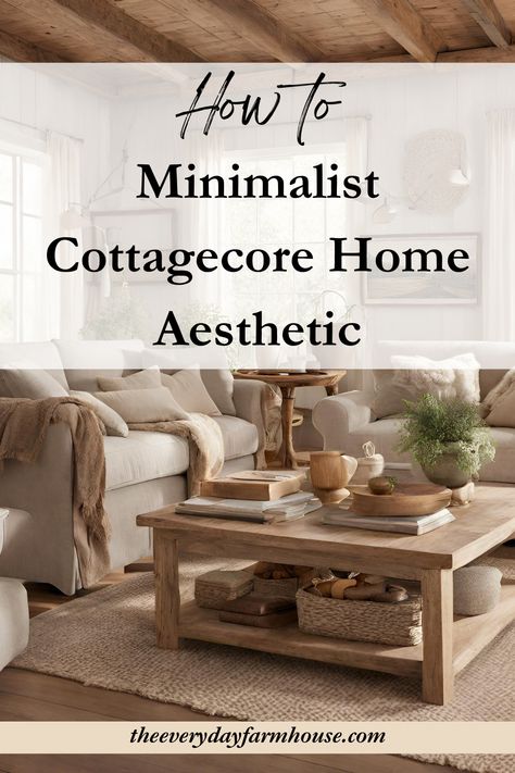 Minimalist Cottagecore represents a harmonious fusion of two worlds. It celebrates the core principles of Cottagecore—natural elements, vintage charm, and rustic simplicity—while adhering to the clean, clutter-free aesthetic of minimalism. #cottagecore #minimalism #homestyle Minimalist Cottage Core Living Room, Modern Cottagecore Decor, Minimal Cottage Decor, Light Home Aesthetic, Vintage Modern Home Design, Minimalist Country Decor, Organic Cottage Decor, Apartment Decor Tips, Clean Cottage Style