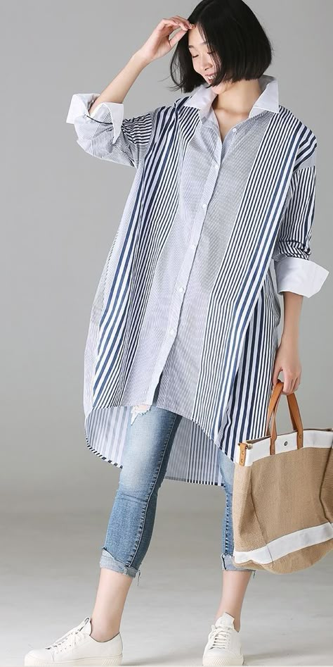 Loose Long Shirts For Women, Women Long Shirt Outfit, Long Shirt Outfits Summer, Long Striped Shirt Outfit, Striped Shirts For Women, Long Shirt Outfits Women, Long Shirts For Women Style, Long Shirts For Women Casual, Stripe Shirt Outfits Women Casual