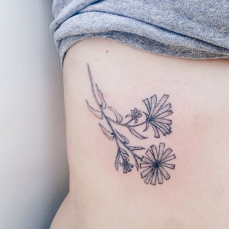 Handpoked by @kellikikcio Chicory Flower Tattoo, Life Flower Tattoo, Chicory Tattoo, Chicory Flower, Plant Tattoos, Wildflower Tattoo, Simple Sketch, C Tattoo, Plant Tattoo