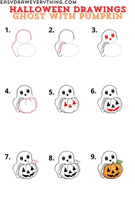 Cute ghost with pumpkin Halloween Drawings Easy Step By Step, How To Draw Spooky Things, Easy Halloween Drawings Step By Step, Easy Halloween Drawings For Kids, Draw Pumpkin, Draw A Ghost, Scarecrow Drawing, Easy Halloween Drawings, Ghost With Pumpkin