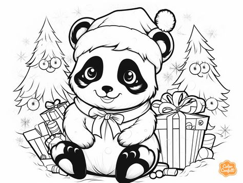 illustration of Christmas panda drawing for little artists Mandala Turtle, Panda Coloring Pages, Panda Drawing, Santa Hats, Colorful Christmas Tree, Fantasy Fairy, Family Activity, Craft Time, Candy Canes