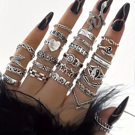 Bright Summer Acrylic Nails, Rings Set For Women, Egyptian Eye, Gold Finger Rings, Gothic Metal, Summer Acrylic Nails, Trendy Ring, Punk Jewelry, Vintage Gothic