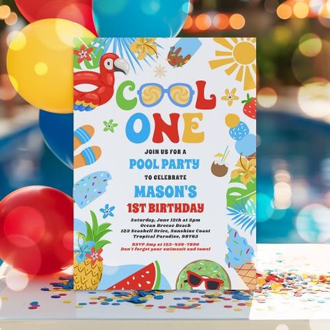 $2.92 | Cool One Tropical Summer Beach 1st Birthday Party | Summer Birthday Invitations | pool party, summer pool party, pool birthday party, summer birthday party, ocean birthday party, lake birthday party, tropical 1st birthday, summer 1st birthday, cool one birthday, one cool dude Beach 1st Birthday, Birthday Party Pool, 1st Birthday Party Invitations, Avery Labels, Pool Birthday Party, Tropical Summer, 1st Birthday Party, Some Text, 1st Boy Birthday