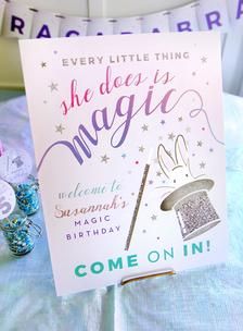 Printable Magic party welcome sign Every little thing she | Etsy Magic Party Food, Bunny In Hat, Magician Birthday Party, Magic Birthday Party, Enchanted Forest Birthday, Forest Birthday Party, Magic Birthday, Magic Theme, Party Colors