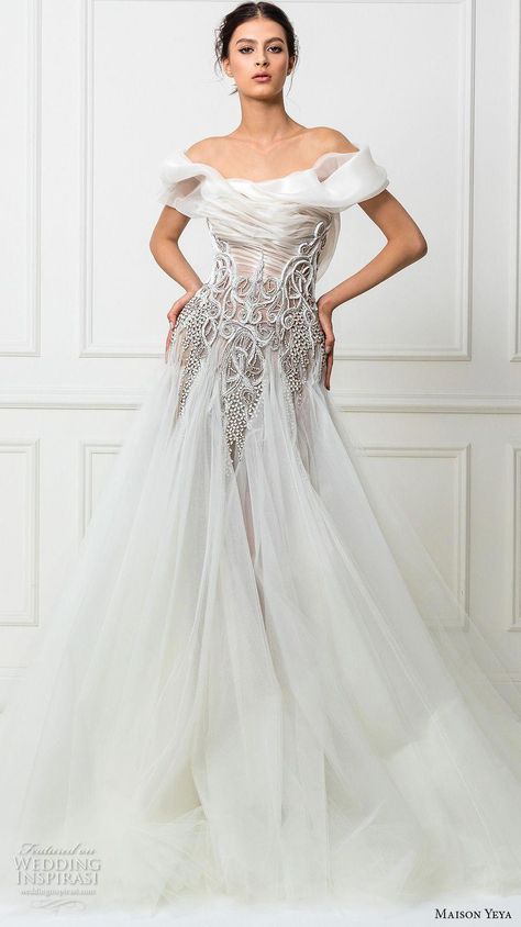 Maison Yeya, Wedding Dress Sheer, Royal Train, Wedding Dresses Princess Ballgown, Straight Across Neckline, Sheer Wedding Dress, Gowns Dresses Elegant, Bride Fashion, Top Wedding Dresses