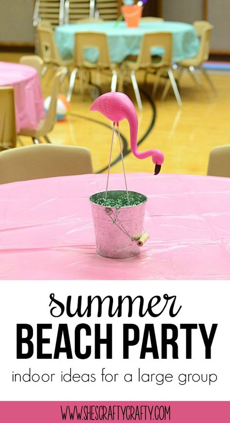 Summer Beach Party, Ward Party, Party for large group, Summer, Beach Indoor Beach Party, Inflatable Palm Tree, Indoor Beach, Ward Christmas Party, Blue Party Decorations, Beach Bash, Indoor Ideas, Group Party, Blue Food Coloring