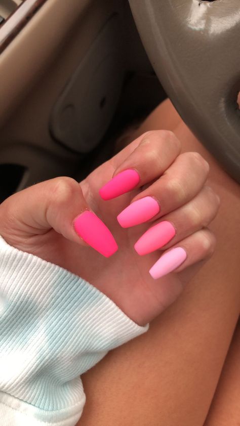 Summer Neon Pink Nails, Pink Nails All Different Shades, Matt Summer Nails, Multiple Shades Of Pink Nails, Fun Pink Summer Nails, Neon Hot Pink Nails, Light To Dark Pink Nails, Different Pink Nails Shades, Summer Nail Inspo Solid Color