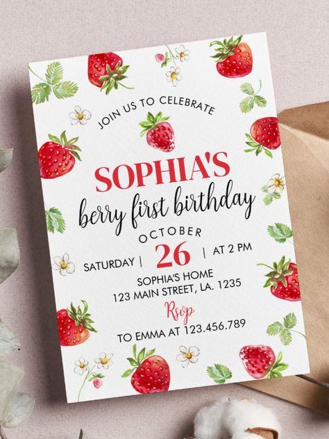 Strawberry First Birthday Invitation Berry Sweet Our strawberry birthday invitation is the perfect way to invite friends and family to your party #birthday #happybirthday #birthdaycards #birthdayparty #firstbirthday #turningone #berry #strawberry Berry First Birthday Invitation, 1st Birthday Invitation Template, Berry First Birthday, Strawberry Birthday, Strawberry Party, Sweet Party, Birthday Invitation Template, Red Strawberry, Invite Friends