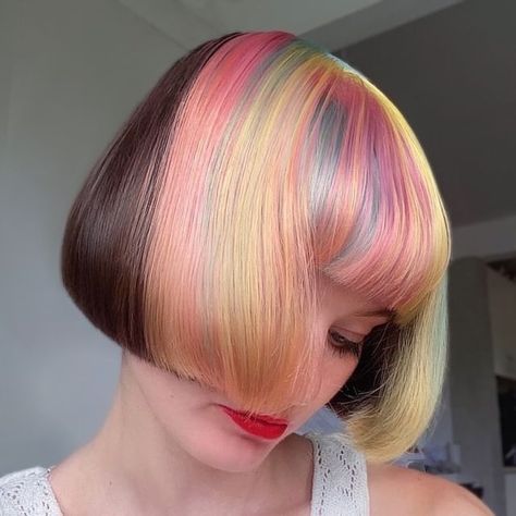 Wella Education on Instagram: “🎉 Party in the front, business in the back. 😉 @stuartbane_valonz bringin' ALL the vibes to the function with this #rainbowhair creative…” Rainbow Bangs, Calm Green, Pastel Pixie, Growing Your Hair Out, Girls Short Haircuts, Find Hairstyles, Beautiful Haircuts, Instagram Party, Hair Color Pastel