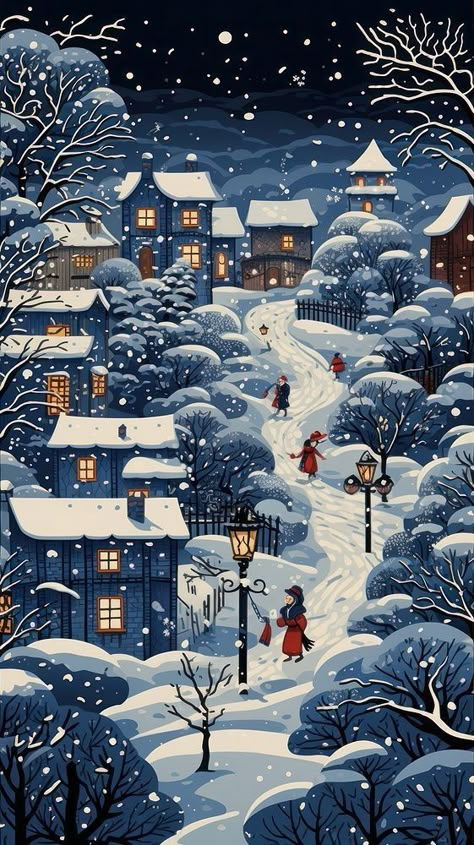 Winter Art Wallpaper, Christmas Town Illustration, Winter Illustration Art, Winter House Illustration, Winter Christmas Background, Winter Town, Snow Illustration, Winter Christmas Scenes, Old Time Christmas