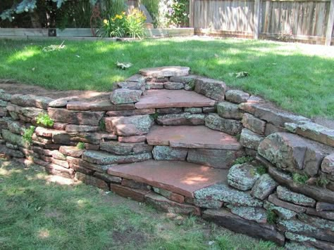 Paver Steps On Slope, Backyard Steps, Colorado Landscaping, Patio Setup, Stacked Rocks, Paver Steps, Diy Garden Landscaping, Stone Walls Garden, Stone Steps