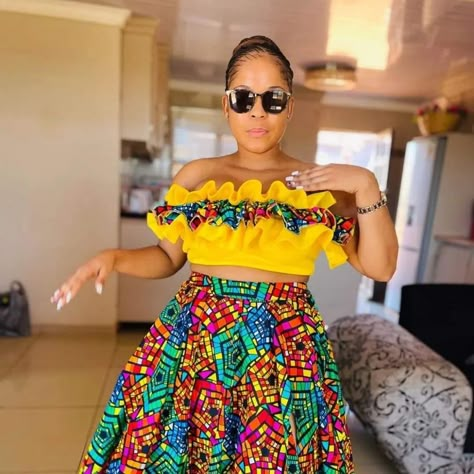 African Design Skirt And Top, Chitenge Outfits Top And Skirt, Ankara Corset Top And Skirt, Ankara Mini Skirt And Crop Top, Offshoulder Ankara Top, African Print Pants, South African Traditional Dresses, African Traditional Wear, Traditional African Clothing