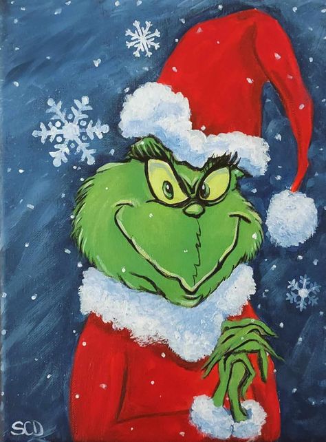 Hand Painted by Me original art Acrylic paint on canvas. Grinch Painting Ideas On Canvas, Christmas Paint Tutorial, Grinch Hand Drawing, Grinch Christmas Art, Christmas Pictures To Paint On Canvas, The Grinch Painting Ideas, Easy Xmas Paintings, Christmas Decor Ideas Painting, Prince Painting