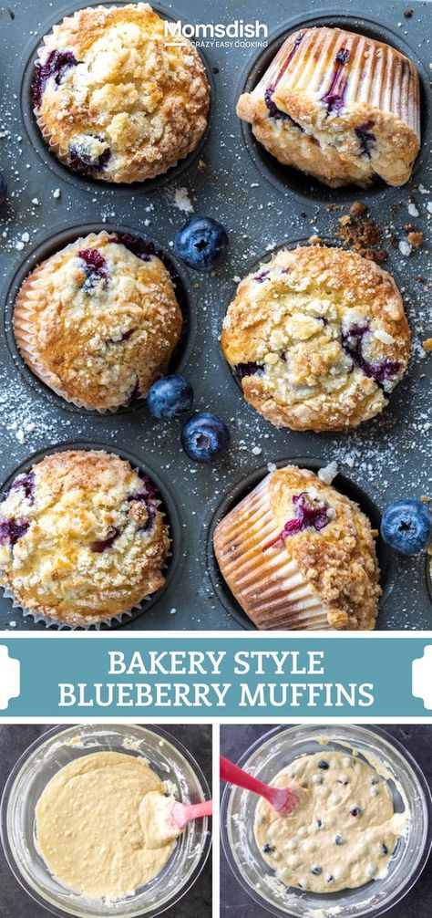 These blueberry muffins are bursting with juicy fresh blueberries and a sweet crumb topping. They're extra fluffy and moist — thanks to a secret ingredient in the batter! 5 Ingredient Blueberry Muffins, Yummy Blueberry Muffins, Blue Blueberry Muffins, Scratch Blueberry Muffins, Hearty Blueberry Muffins, Blueberry Muffin Recipes Best, Blueberry Cake Mix Muffins, Blueberry Cake Muffins, Self Rising Flour Blueberry Muffins