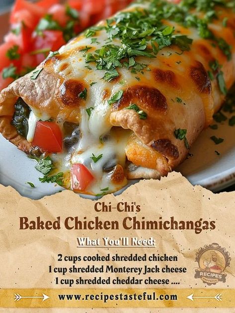 Mama's Cooking Recipes | Chi-Chi's Baked Chicken Chimichangas | Facebook Monterey Jack Cheese Recipes, Baked Chicken Chimichangas, Chicken Chimichanga, Tasteful Recipes, Chicken Chimichangas, 2024 Meals, Chimichanga Recipe, Chi Chi's, Grandma Cooking