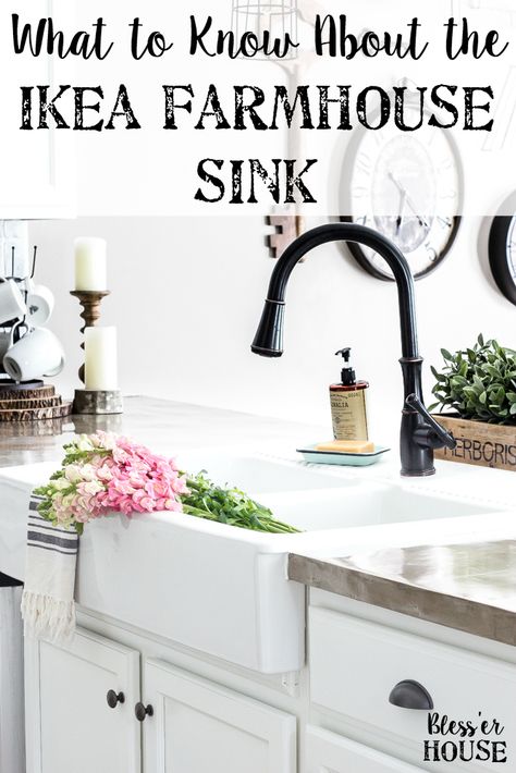 IKEA Farmhouse Sink Review | blesserhouse.com - What to know before buying the Ikea farmhouse sink Domsjo- how well it cleans, how functional it is, and if it's the right investment for your kitchen. Ikea Faucet, Dapur Ikea, Ikea Farmhouse Sink, Black Farmhouse Sink, Ikea Sinks, Ikea Farmhouse, Classic Kitchen, Farmhouse Sink Kitchen, Kitchen Decorating