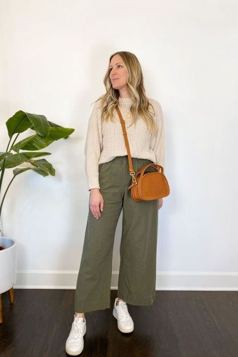 White Sneakers Wide Leg Pants, Olive Culottes Outfit, Wide Leg Pants White Sneakers, Wide Leg Pants Outfit Green, Green Wide Leg Pants Outfit Casual, Green Linen Pants Outfit Fall, Green Wide Trousers Outfit, Olive Green Wide Leg Pants Outfit Work, Wide Leg Sneakers Outfit