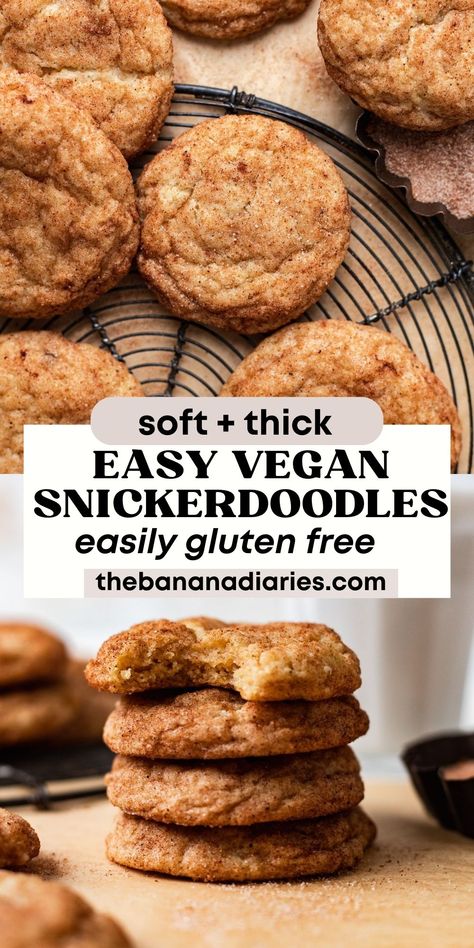 Quick Vegan Dessert Recipes, Vegan Snickerdoodle Cookies, Healthy Snickerdoodle Cookies, Vegetarian Alternatives, Egg Free Cookies Recipes, Vegan Snickerdoodles, Snickerdoodle Bars, Gluten Free Snickerdoodles, Vegan Gluten Free Cookies