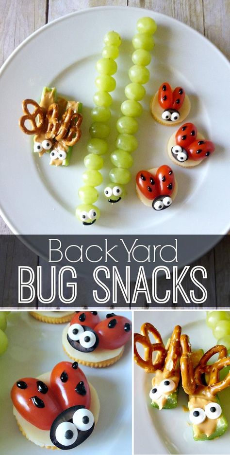 Kid approved healthy snacks! Turn veggies into fun bug snacks. via @craftingchicks Tropisk Fest, Bug Snacks, Food Art For Kids, Snacks Für Party, School Snacks, Kids Recipes, Fun Kids Food, Food Crafts, Healthy Snacks For Kids