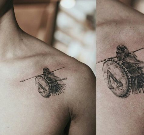 Tattoo Small Shoulder Tattoo For Men, Spartan Body, Spartan Warrior Tattoo, Gladiator Tattoo, Inner Bicep Tattoo, Spartan Tattoo, Small Shoulder Tattoos, Single Needle Tattoo, Mens Shoulder Tattoo