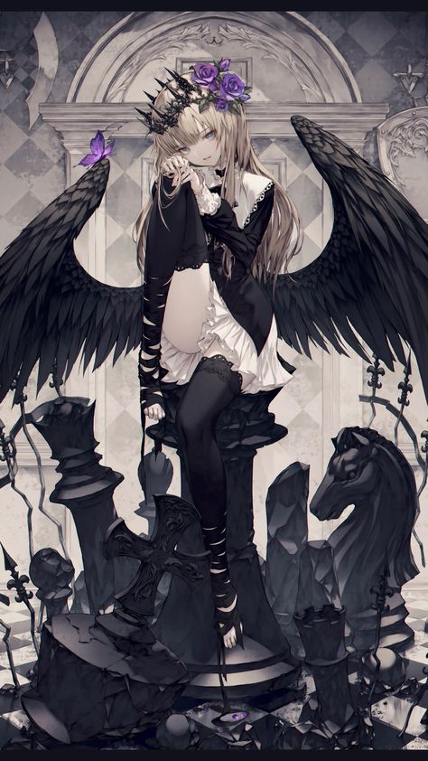 An Anime, Chess, A Woman, Angel, Flowers, Anime, Black