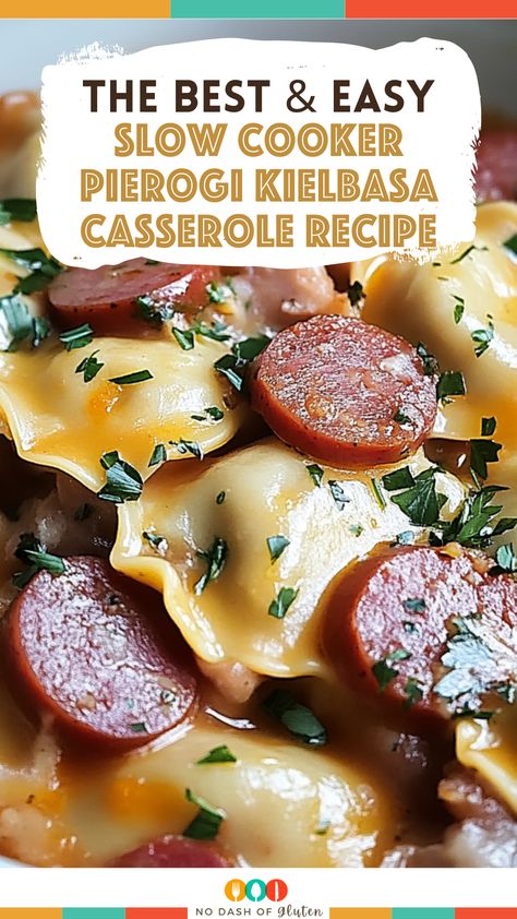 This Slow Cooker Pierogi Kielbasa Casserole Recipe is the ultimate comfort food! Just toss everything in the crockpot and enjoy a creamy, cheesy, and delicious meal with minimal effort. Perfect for busy nights! Click here to save and make it tonight! Crock Pot Pierogies And Kielbasa, Crockpot Pierogi Casserole With Kielbasa, Lazy Pierogi Casserole, Kielbasa Crockpot, Pierogi Kielbasa, Kielbasa Casserole, Pierogies And Kielbasa, Kilbasa Sausage Recipes, Slow Cooker Kielbasa