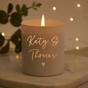 Engagement Gift Personalised Candle - candles, votives & tea lights Engraved Candles, Personalised Candles, Scented Candles Decor, Personalized Engagement Gifts, Cricut Wedding, Custom Wedding Stationery, Christmas Gifts For Couples, Candle Packaging, Anniversary Gifts For Couples