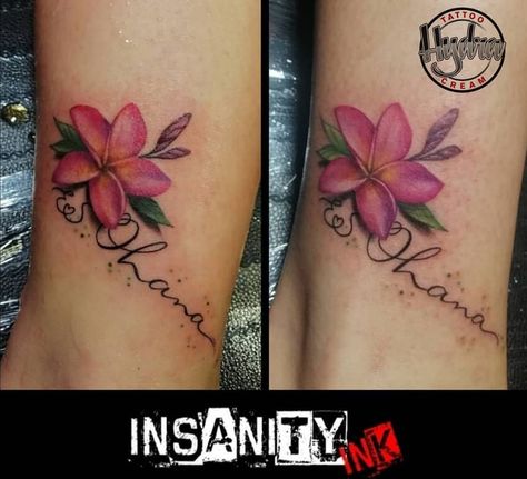 Ohana Tattoo With Flower, Ohana Tattoos, Ohana Tattoo Ideas, Plumeria Flower Tattoos, Flower Foot Tattoo, Hawaii Tattoo, Hawaiian Flower Tattoos, Plumeria Tattoo, Ohana Tattoo