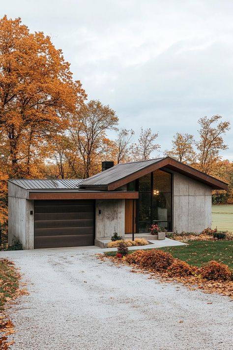 Modern Country Architecture, Old Home With Modern Addition, Modern Cottage Architecture, Modern Cozy House Exterior, Industrial Style House Exterior, Futuristic House Exterior, Cabin With Garage, Houses With Garage, 80s Contemporary House