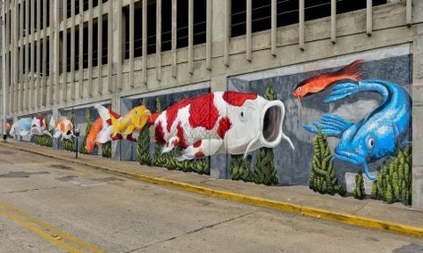 A new mural in downtown Huntsville may cause you to do a double-take, and that's what the artist intended. The "forced perspective" mural on the side of 200 West Side Square near the bottom of Spring Street, depicting the iconic... Koi Fish Mural, Perspective Mural, Water Mural, Fish Mural, Fish Facts, Common Carp, Beach Mural, Koi Art, Forced Perspective