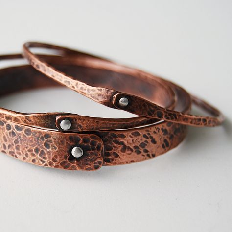 Rivet Jewelry, Copper Bangles, Copper Bracelets, Copper Jewellery, Metalsmithing Jewelry, Stacked Bangles, Work Jewelry, Leather Bracelets, Metal Bracelets