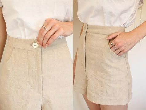 Linen Shorts from a FREE Trouser Pattern - Sewing 4 Free Diy Free Patterns Sewing, Free Linen Shorts Pattern, Easy Clothes Patterns To Sew, Haute Couture Sewing Patterns, Sewing Patterns Free Shorts, Diy Linen Shorts, High Waisted Shorts Pattern Free, Shorts Free Sewing Pattern, Linen Sewing Patterns Free