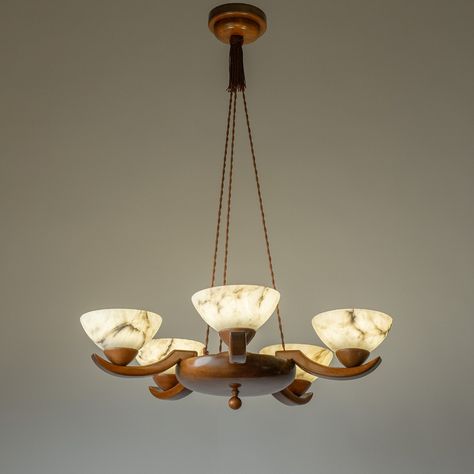 Alabaster and Wood Chandelier, 1930s €2.800 – mdrn Wood Chandelier, German Art, Chandeliers And Pendants, Light Table, Ceiling Pendant Lights, Bungalow, Floor Lamp, Solid Wood, Wall Lights