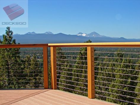 Spectacular unobstructed mountain view through this open cable rail and wood post system. Deck Cable Railing, Wire Deck Railing, Deck Railing Diy, Wood Deck Railing, Cable Railing Deck, Stainless Steel Cable Railing, Deck Railing Ideas, Deck Railing Design, Cable Railing Systems