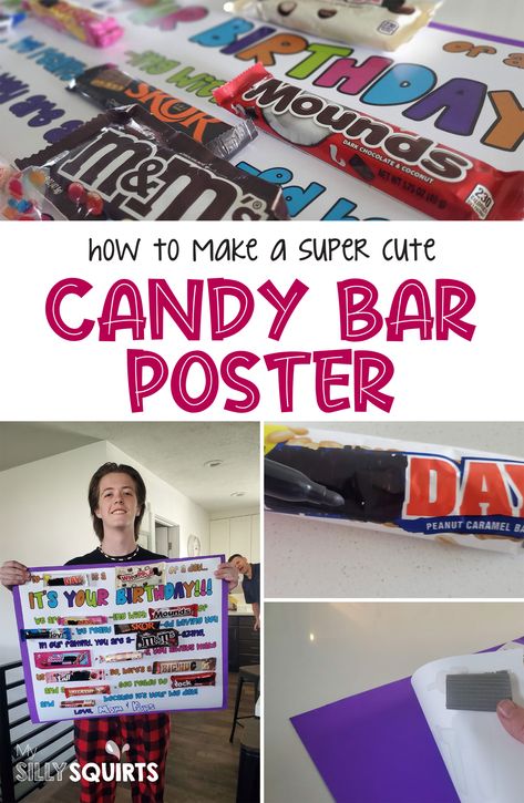 Here's a printable PDF download to make you very own birthday candy bar poster without hardly any effort. Just download and print the birthday poster PDF, buy your candy and attach. Super easy and your son, daughter, husband or wife will thank you later. candy gram | candy poster | birthday candy poster | birthday decorations | kids birthday gift ideas Turning 50 Candy Bar Poster, Birthday In Candy, Candy Message Board For Birthday, Birthday Candy Poster For Kids, Candy Poster Board Birthday, Candy Bar Ideas Birthday, Happy Birthday Poster Ideas Diy, Happy Birthday Candy Poster, Birthday Candy Grams