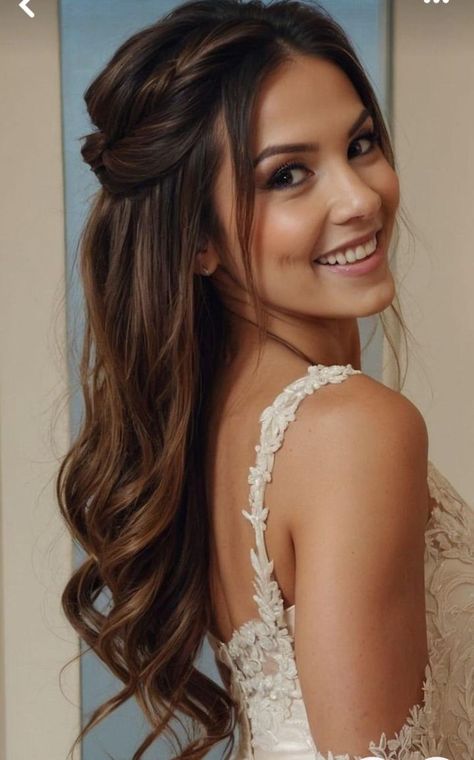 Half Up Do Front View, Party Half Updo Hairstyles, Half Up Half Down Romantic Hair, Hairstyles Hair Down Simple, Bridesmaid Hairstyles Half Up Half Down Straight, Wedding Hairstyles Half Up Half Down Straight, Half Up Half Down Face Framing, Bridal Hair Half Down, Long Hair Bridesmaid Hairstyles