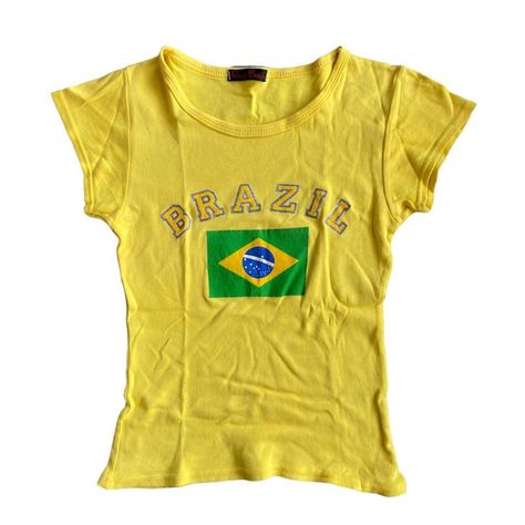 YELLOW T-SHIRT WITH SILVER GLITTER SPELL OUT BRAZIL... - Depop Y2k Brazil Shirt, Ruby Lyn, Brazil Shirt, Press Tour, Yellow T Shirt, Follow Us On Instagram, Silver Glitter, Follow Us, Brazil