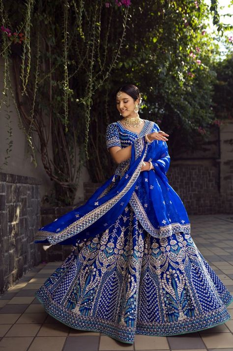 Indian Blue Lehenga, Bridal Lehenga Blue Colour, Dark Blue Lengha Bridal, Royal Blue Wedding Lehenga, Royal Blue Wedding Lehenga Bridal, Royal Blue Indian Wedding Dress, Blue Reception Lehenga, Royal Blue Bridal Lehenga, Lehenga Royal Blue