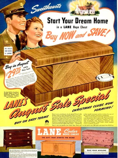 1942 Lane Hope Chest Print Poster Advertisement - Dowry Cedar Glory Box Furniture Mid Century - Life Magazine Cover Typogaphy Home Decor by ecofriendlyfreckles on Etsy https://www.etsy.com/listing/210313501/1942-lane-hope-chest-print-poster Lane Hope Chest, Vintage Cedar Chest, Cedar Hope Chest, Hope Chest Ideas, Lane Cedar Chest, Harden Furniture, Hope Chests, Atomic Decor, Modern Cottage Style