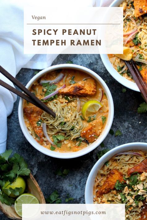 Tempeh Ramen, Peanut Tempeh, Peanut Butter Ramen, Baked Tempeh, Ramen Recipe, Vegan Ramen, Instant Ramen, Gluten Free Egg Free, Spicy Peanuts