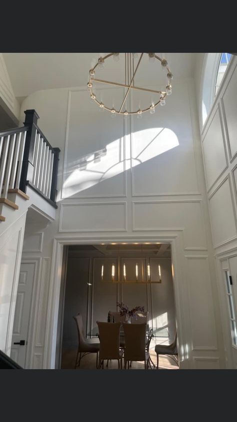 High Ceiling Wall Panel, Front Entryway Ideas Tall Ceilings, Foyer Crown Molding Entryway, Panelled Walls High Ceiling, Wainscoting High Ceiling, Wainscoting Sitting Room, Tall Wall Wainscoting, Wainscoting Ideas Foyer, Wall Moulding Tall Ceiling