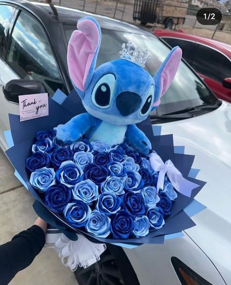 Stitch Flower Bouquet, Stitch Bouquet, Ribbon Rose Bouquets, Roses Bouquet Gift, Ribbon Flowers Bouquet, Fabric Flower Bouquet, 17th Birthday Gifts, Luxury Flower Bouquets, Light Blue Roses