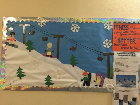 Snowboarding Bulletin Board Fitness Bulletin Board, Olympic Bulletin Board, Components Of Fitness, Pe Bulletin Boards, Winter Bulletin Board, Winter Bulletin, Bulletin Board Paper, Christmas Classroom Door, Toddler Teacher